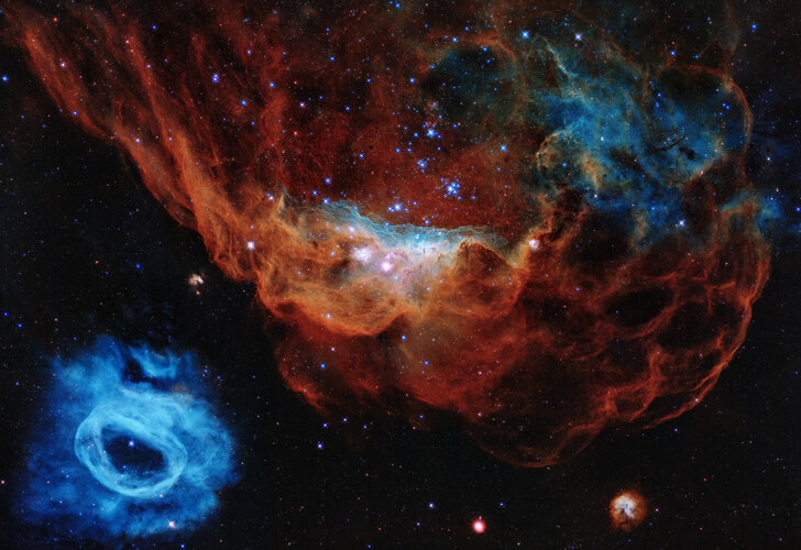 This image is one of the most photogenic examples of the many turbulent stellar nurseries the NASA/ESA Hubble Space Telescope has observed during its 30-year lifetime. The portrait features the giant nebula NGC 2014 and its neighbour NGC 2020 which together form part of a vast star-forming region in the Large Magellanic Cloud, a satellite galaxy of the Milky Way, approximately 163 000 light-years away.